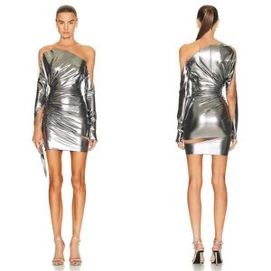 MUGLER Impossible High Neck Long Sleeve Cutout Chrome Silver Mini Dress S38 (S)